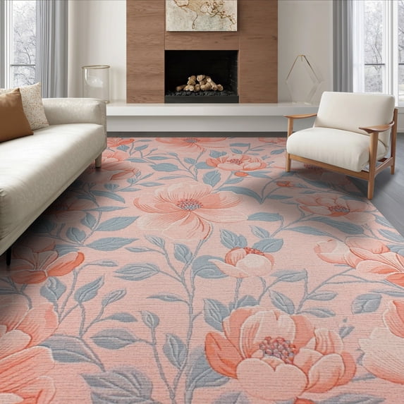ODIKA 8'x10' Blush Pink Botanical Powder Traditional Washable Area Rug Airy Blossom Field Minimal Sprig Repeat Light Open Spacing Non-Slip Chair-Friendly Mat for Dining Room, Large Office, Lounge