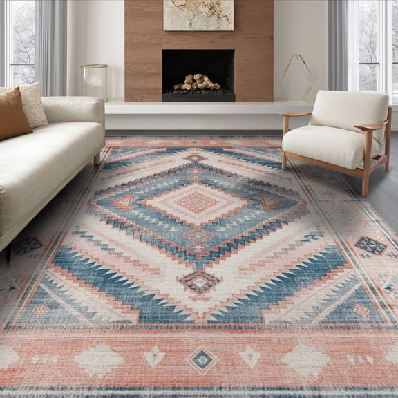 ODIKA 8'x10' Boho Southwestern Zigzag Motifs Geometric Aztec Border Distressed Washable Area Rug None Durable, Non-Slip for Living Room, Under Sectional, Family