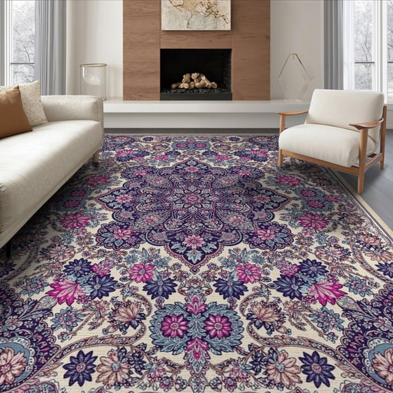ODIKA 8'x10' Boho Tone Inspired Plum Magenta Pink Maximalist Purple Flowing Dynamic Washable Area Rug None for King Size Bedroom Under Bed, Master Suite, Non-Shedding, Easy Care
