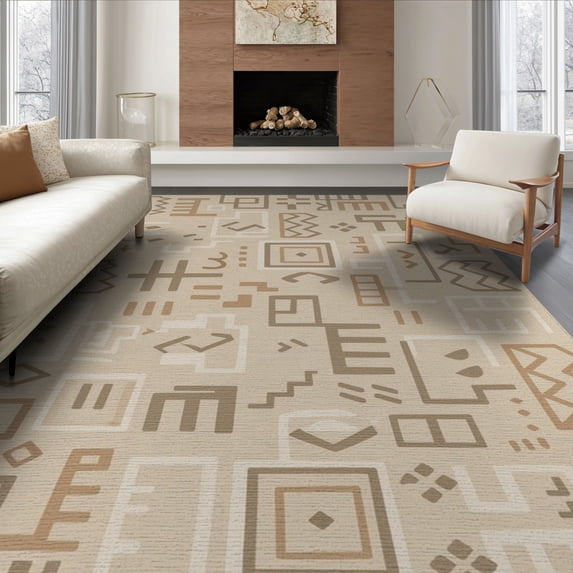 ODIKA 8'x10' Brown Beige Geometric Design Washable Area Rug Modern Abstract Patterns with Natural Flair for Living Room, Under Sectional, Family , Durable, Non-Slip