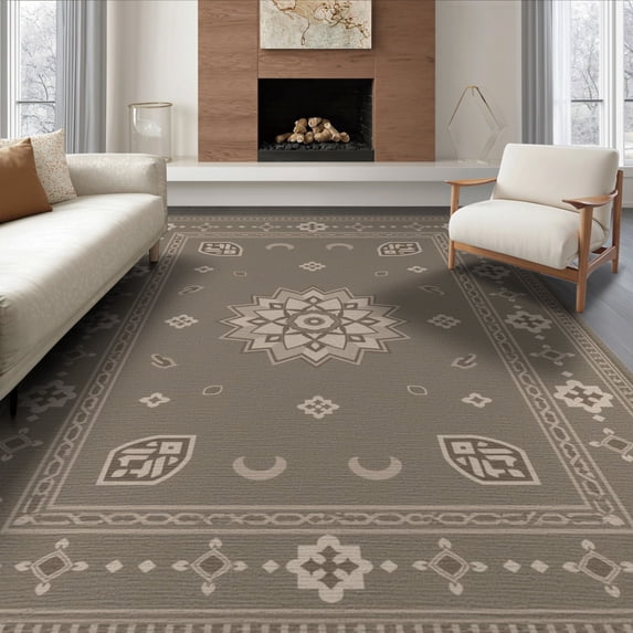 ODIKA 8'x10' Brown Beige Geometric Medallion Design Washable Area Rug Intricate Moa-01-Mh-Cocoa-Stone Motif Durable, Non-Slip for Living Room, Under Sectional, Family