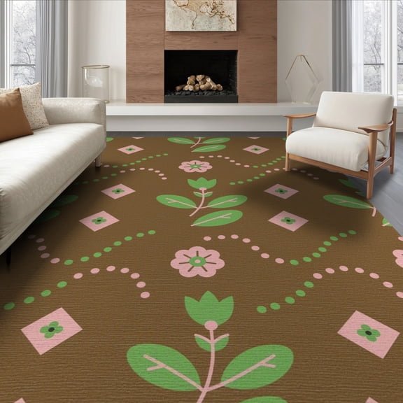 ODIKA 8'x10' Brown Floral Washable Area Rug Botanical Design With Geometric Accents Ornamental for Living Room, Under Sectional, Family , Durable, Non-Slip