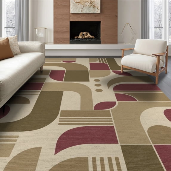 ODIKA 8'x10' Brown Tan Modern Geometric Design Washable Area Rug Contemporary Abstract Pattern with Curves for King Size Bedroom Under Bed, Master Suite, Non-Shedding, Easy Care