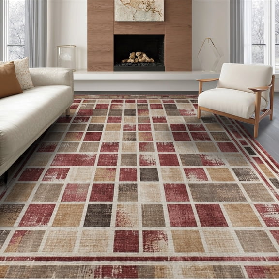 ODIKA 8'x10' Burgundy And Brown Geometric Abstract Washable Area Rug Bold Block Mosaic Modern Tile Panels Distressed Squares for King Size Bedroom Under Bed, Master Suite, Non-Shedding, Easy Care