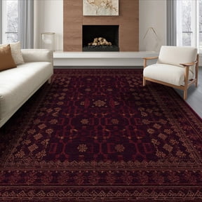 ODIKA 8'x10' Burgundy Intricate Floral Motif Washable Area Rug Classic Geometric Border Design Ornamental Balanced Non-Shedding, Easy Care, for King Size Bedroom Under Bed, Master Suite