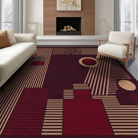 ODIKA 8'x10' Burgundy Oasis Contemporary Washable Area Rug Modern Abstract Composition With Vertical Horizontal Circles Durable, Non-Slip for Living Room, Under Sectional, Family