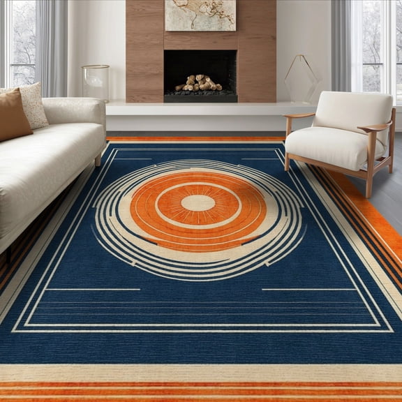 ODIKA 8'x10' Burnt Orange Navy Cream Abstract Geometric Washable Area Rug Retro Bordered Frame Concentric Bands Modern Centered Motif Non-Slip Chair-Friendly Mat for Dining Room, Large Office, Lounge