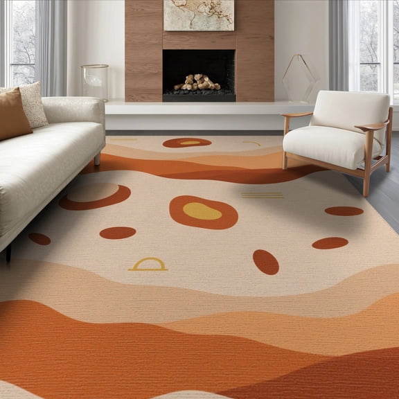 ODIKA 8'x10' Burnt Orange Sunrise Mountain Daylight Washable Area Rug Abstract Waves With Modern Geometric Accents Ornamental for Living Room, Under Sectional, Family , Durable, Non-Slip