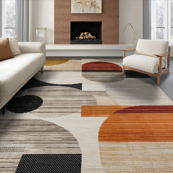 ODIKA 8'x10' Circles Geometric Abstract Rustic Warm Colors Beige Black Washable Area Rug for Dining Room, Large Office, Lounge, Non-Slip Chair-Friendly Mat