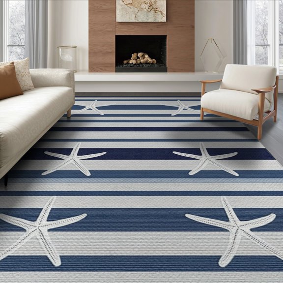 ODIKA 8'x10' Classic Stripe Nautical Essence Washable Area Rug Non-Shedding, Easy Care, for King Size Bedroom Under Bed, Master Suite