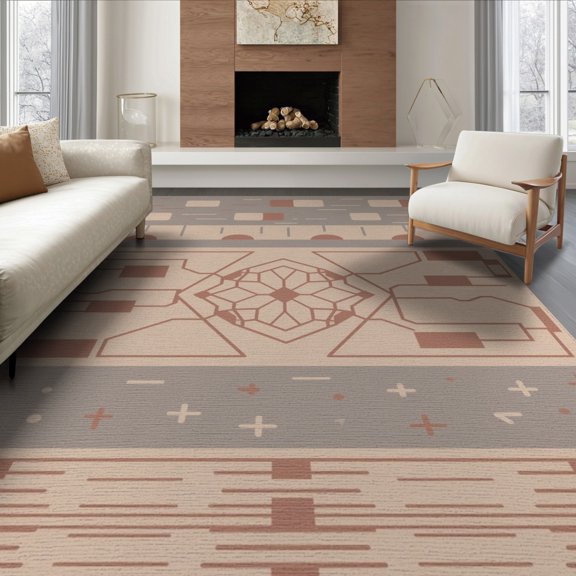 ODIKA 8'x10' Clay Stone Geometric Medallion Pattern Washable Area Rug Contemporary Abstract Motif with Intricate Border for Living Room, Under Sectional, Family , Durable, Non-Slip