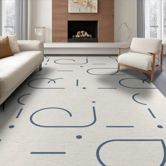 ODIKA 8'x10' Cream Navy Abstract Geometric Washable Area Rug Contemporary Minimalist Outlined Shapes with Dots Durable, Non-Slip for Living Room, Under Sectional, Family