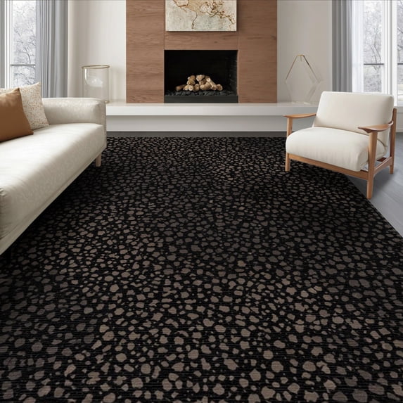 ODIKA 8'x10' Dark Brown Speckled Stone Washable Area Rug Contemporary Scattered Pebble Motif With Geometric for Dining Room, Large Office, Lounge, Non-Slip Chair-Friendly Mat
