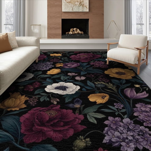 ODIKA 8'x10' Dark Floral Elegance with Exotic Garden Washable Area Rug Lush Botanical Patterns in a Midnight Palette Non-Slip Chair-Friendly Mat for Dining Room, Large Office, Lounge