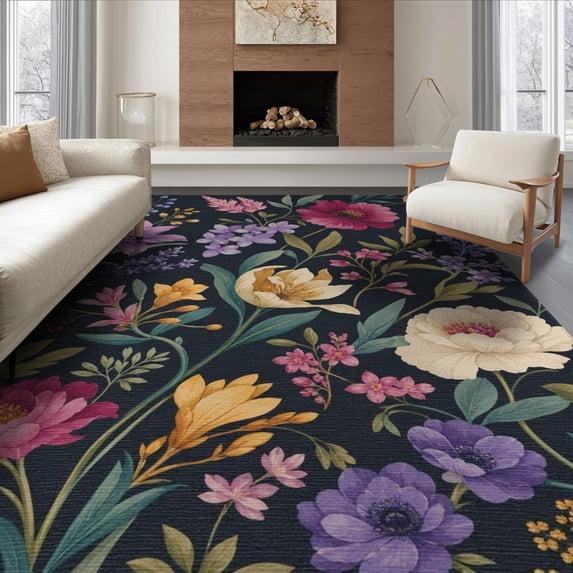 ODIKA 8'x10' Dark Floral Elegance with Isolated Blooms Washable Area Rug Elegant Nighttime Array for Sophisticated Decor for King Size Bedroom Under Bed, Master Suite, Non-Shedding, Easy Care