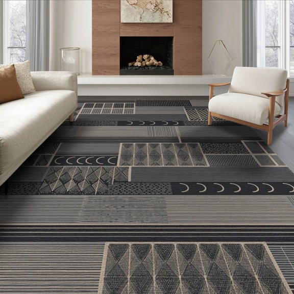 ODIKA 8'x10' Dark Gray Geometric Charcoal Washable Area Rug Modern Abstract Design With Intricate And Motifs Non-Shedding, Easy Care, for King Size Bedroom Under Bed, Master Suite