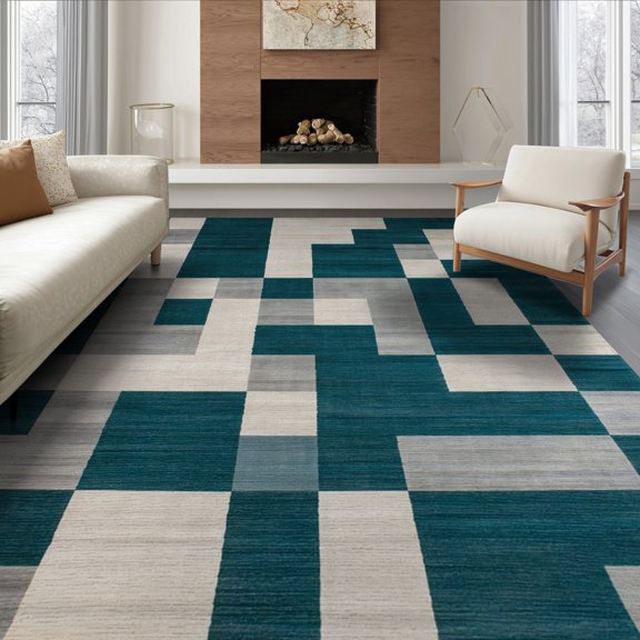 ODIKA 8'x10' Dark Teal Abstract Geometric Dusty Washable Area Rug Interlocking Block Shapes Neutral Grid Bold Minimalist Durable, Non-Slip for Living Room, Under Sectional, Family