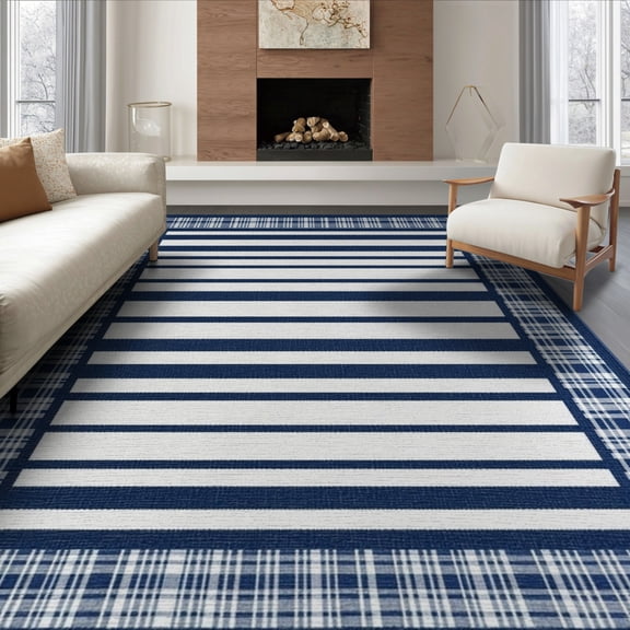 ODIKA 8'x10' Dorm Nautical Navy Striped Bold Plaid Border Frame Stripes Stripe Washable Area Rug None Non-Shedding, Easy Care, for King Size Bedroom Under Bed, Master Suite