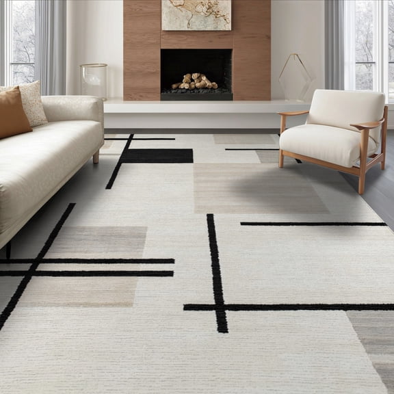 ODIKA 8'x10' Geometric White Washable Area Rug Non-Shedding, Easy Care, for King Size Bedroom Under Bed, Master Suite