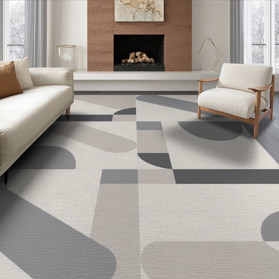 ODIKA 8'x10' Gray Beige Modern Geometric Abstract Washable Area Rug Contemporary Minimalist Rounded Rectangle Block Durable, Non-Slip for Living Room, Under Sectional, Family