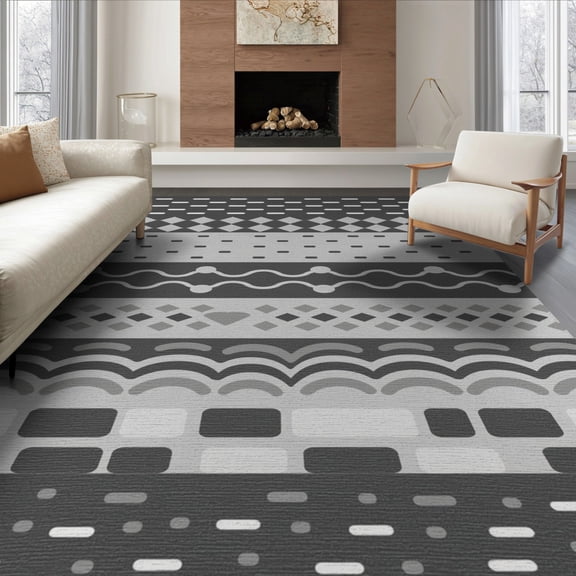 ODIKA 8'x10' Gray Black Multi Pattern Striped Geometric Washable Area Rug Contemporary Horizontal Bands Diamond Waves Dots for Living Room, Under Sectional, Family , Durable, Non-Slip