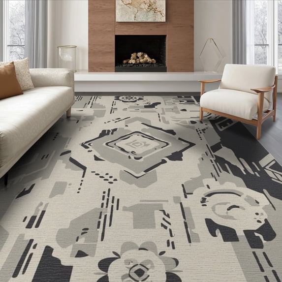 ODIKA 8'x10' Gray Cream Geometric Floral Design Washable Area Rug Intricate Inspired Motif Non-Slip Chair-Friendly Mat for Dining Room, Large Office, Lounge
