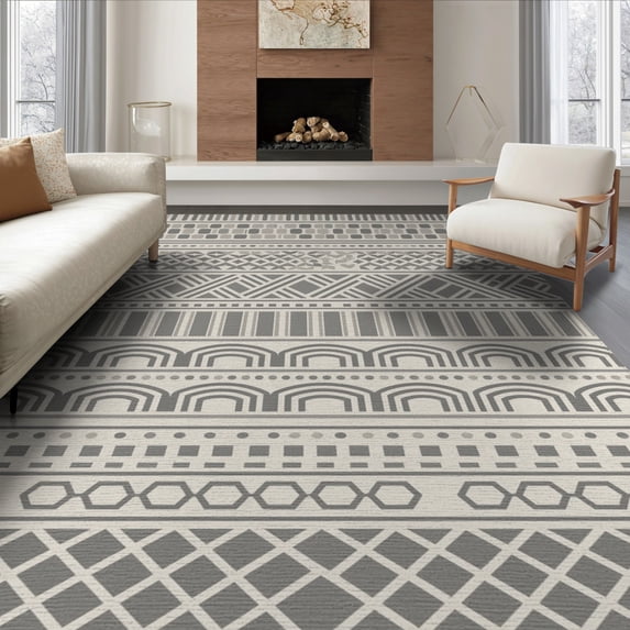 ODIKA 8'x10' Gray Cream Multi Band Geometric Striped Washable Area Rug Horizontal Banded Layout with Diamond Lattice Non-Shedding, Easy Care, for King Size Bedroom Under Bed, Master Suite