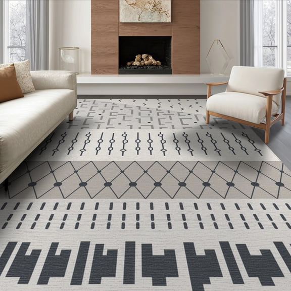 ODIKA 8'x10' Gray Cream Multi Pattern Geometric Striped Washable Area Rug Contemporary Mixed Motif Diamond Non-Slip Chair-Friendly Mat for Dining Room, Large Office, Lounge