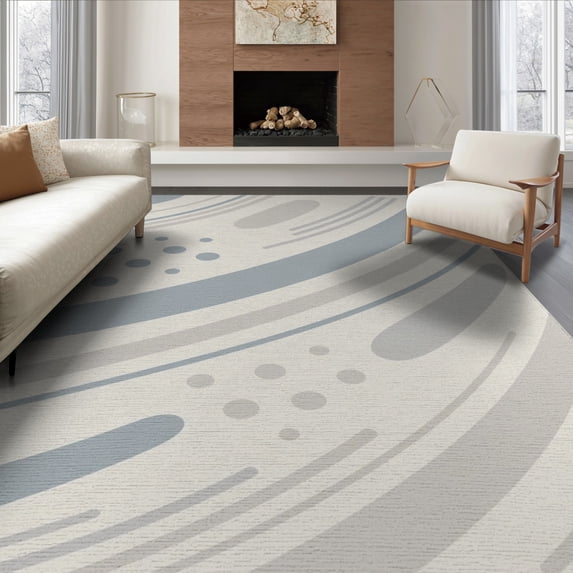 ODIKA 8'x10' Gray Ivory Abstract Swirl Design Washable Area Rug Modern Curved Patterns with Dotted Accents Durable, Non-Slip for Living Room, Under Sectional, Family