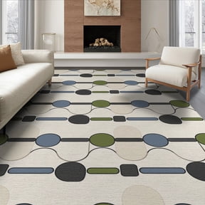 ODIKA 8'x10' Green Blue Geometric Chain Pattern Washable Area Rug Modern Abstract Connecting Circles and Rectangles for Dining Room, Large Office, Lounge, Non-Slip Chair-Friendly Mat