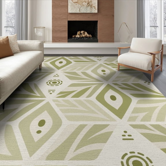 ODIKA 8'x10' Green Moss Geometric Design Washable Area Rug Intricate Hand-Hooked Modern Patterns for Dining Room, Large Office, Lounge, Non-Slip Chair-Friendly Mat