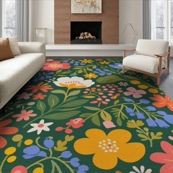 ODIKA 8'x10' Green Vibrant Floral Luck Design Washable Area Rug Charming Botanical Pattern with Playful Blooms Non-Slip Chair-Friendly Mat for Dining Room, Large Office, Lounge