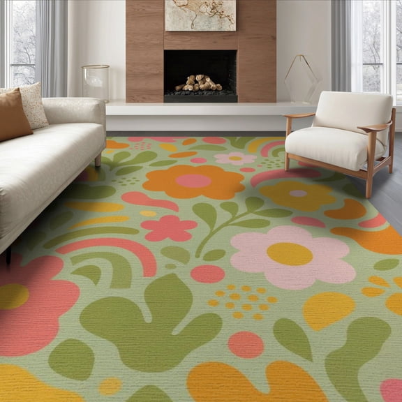 ODIKA 8'x10' Green Vibrant Spring Floral and Rainbow Washable Area Rug Cheerful 60s Inspired Design with Nature Patterns for King Size Bedroom Under Bed, Master Suite, Non-Shedding, Easy Care