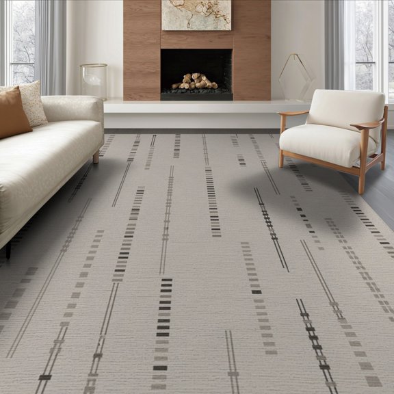 ODIKA 8'x10' Grey Taupe Shrike Textured Washable Area Rug Modern Vertical Bars Abstract Geometric Non-Slip Chair-Friendly Mat for Dining Room, Large Office, Lounge