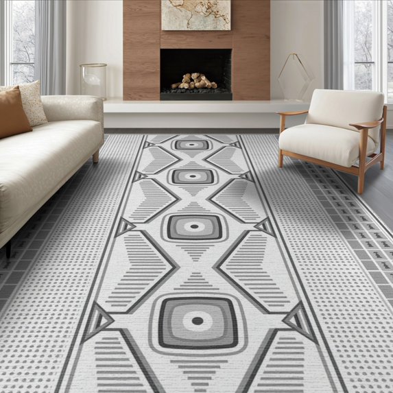 ODIKA 8'x10' Grey White Geometric Design Washable Area Rug Bold Abstract Patterns with Symmetrical Motifs Durable, Non-Slip for Living Room, Under Sectional, Family