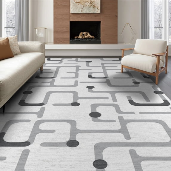 ODIKA 8'x10' Grey White Geometric Maze Design Washable Area Rug Modern Abstract Pattern with Retro Flair Non-Slip Chair-Friendly Mat for Dining Room, Large Office, Lounge