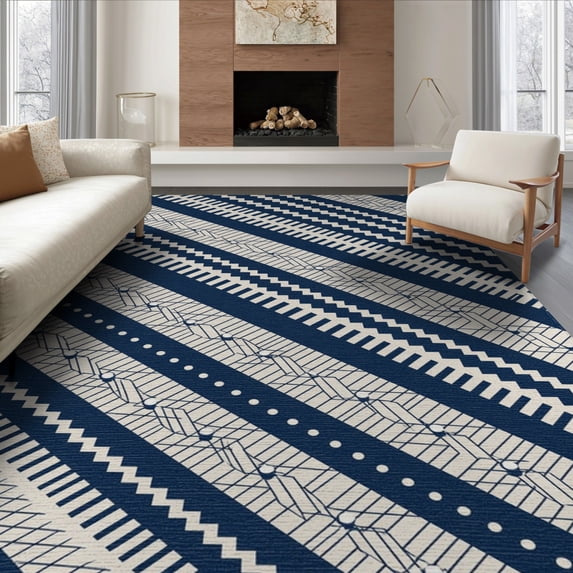 ODIKA 8'x10' Navy Cream Geometric Stripe Design Washable Area Rug Intricate Diagonal with Zigzags for Dining Room, Large Office, Lounge, Non-Slip Chair-Friendly Mat