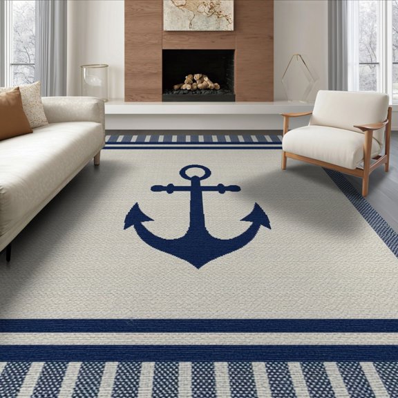 ODIKA 8'x10' Inspired Anchor Motif Washable Area Rug Non-Shedding, Easy Care, for King Size Bedroom Under Bed, Master Suite