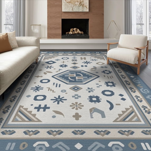 ODIKA 8'x10' Ivory Blue Geometric Design Washable Area Rug Intricate Patterns with Ocean Motifs Non-Shedding, Easy Care, for King Size Bedroom Under Bed, Master Suite