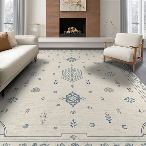 ODIKA 8'x10' Ivory Blue Geometric Medallion Traditional Washable Area Rug Ornate Border Framework with Botanical Motifs for King Size Bedroom Under Bed, Master Suite, Non-Shedding, Easy Care