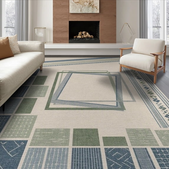 ODIKA 8'x10' Ivory Blue Green Geometric Tufted Washable Area Rug Modern Abstract Layered Squares Diamond Motifs Structured Border for Dining Room, Large Office, Lounge, Non-Slip Chair-Friendly Mat