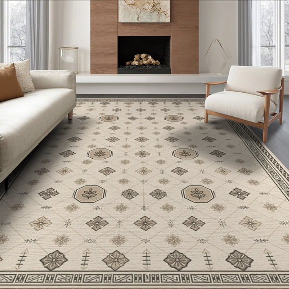 ODIKA 8'x10' Ivory Brown Geometric Bordered Design Washable Area Rug Intricate Patterns with Classic Motifs for King Size Bedroom Under Bed, Master Suite, Non-Shedding, Easy Care
