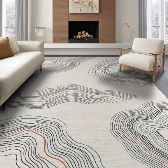 ODIKA 8'x10' Ivory Cream Sandstone Topographic Contour Washable Area Rug Modern Flowing Wavy Geometric Minimalist Topographical Map Artistic Durable, Non-Slip for Living Room, Under Sectional, Family