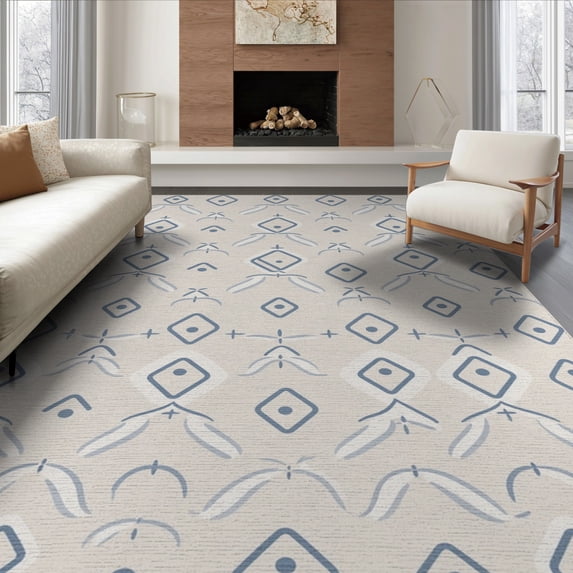 ODIKA 8'x10' Ivory Geometric Diamond Design Washable Area Rug Intricate Modern Symmetrical Pattern Non-Slip Chair-Friendly Mat for Dining Room, Large Office, Lounge