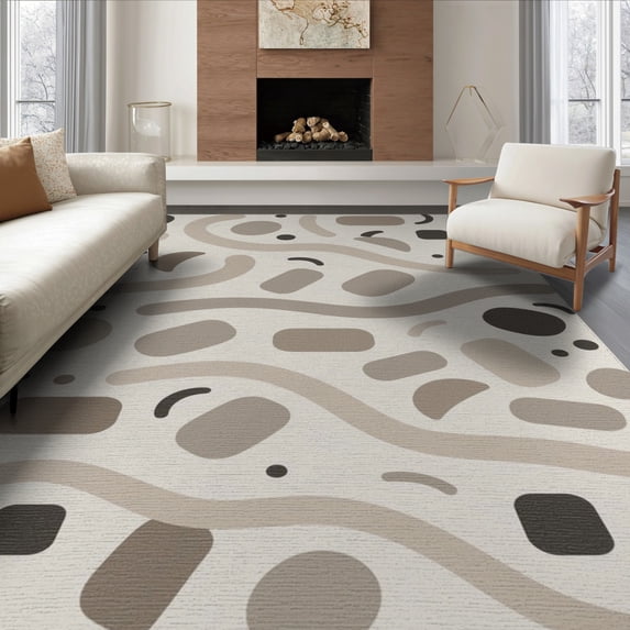 ODIKA 8'x10' Ivory Multi Abstract Flowing Geometric Washable Area Rug Contemporary Shapes with Curved Lines Non-Shedding, Easy Care, for King Size Bedroom Under Bed, Master Suite