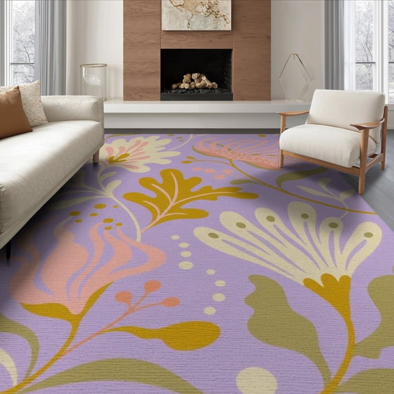 ODIKA 8'x10' Lavender And Peach Bloom Fern Leaf Washable Area Rug Artistic Floral Foliage Patterns in Warm Tones Non-Slip Chair-Friendly Mat for Dining Room, Large Office, Lounge