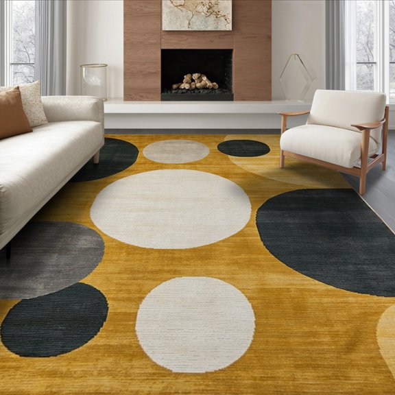 ODIKA 8'x10' Mustard Gold Abstract Geometric Boho Washable Area Rug Minimalist Retro Shapes Balanced Layout Atomic Accents for Living Room, Under Sectional, Family , Durable, Non-Slip