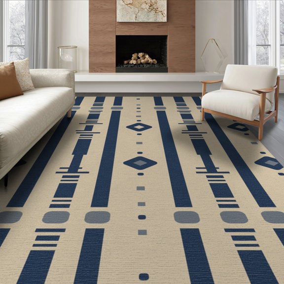 ODIKA 8'x10' Navy Beige Geometric Patterned Design Washable Area Rug Elegant Motifs with Modern Touch Non-Shedding, Easy Care, for King Size Bedroom Under Bed, Master Suite