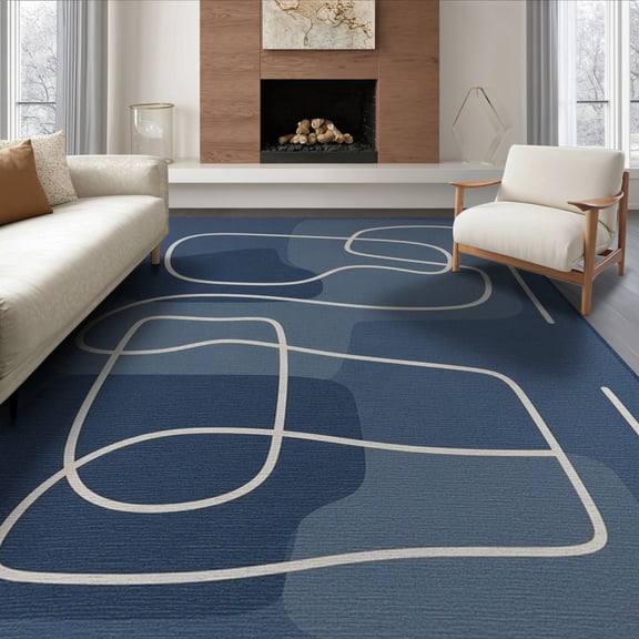ODIKA 8'x10' Navy Blue Abstract Line Washable Area Rug Modern Geometric With Flowing Lines And Artistic Flair Durable, Non-Slip for Living Room, Under Sectional, Family