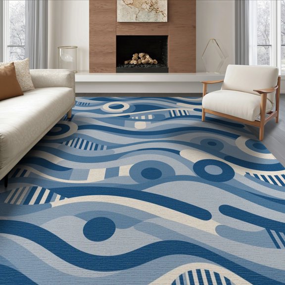 ODIKA 8'x10' Navy Blue Abstract Waves Geometric Washable Area Rug Modern Flowing Curved Lines With Circular Motifs Striped Mid Non-Shedding, Easy Care, for King Size Bedroom Under Bed, Master Suite